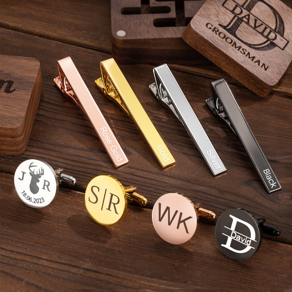 Personalized Engraved Monogram Tie Clip and Cufflink Set with Wooden Box, Groomsmen Cufflinks, Wedding Birthday Gift for Men Groomsmen