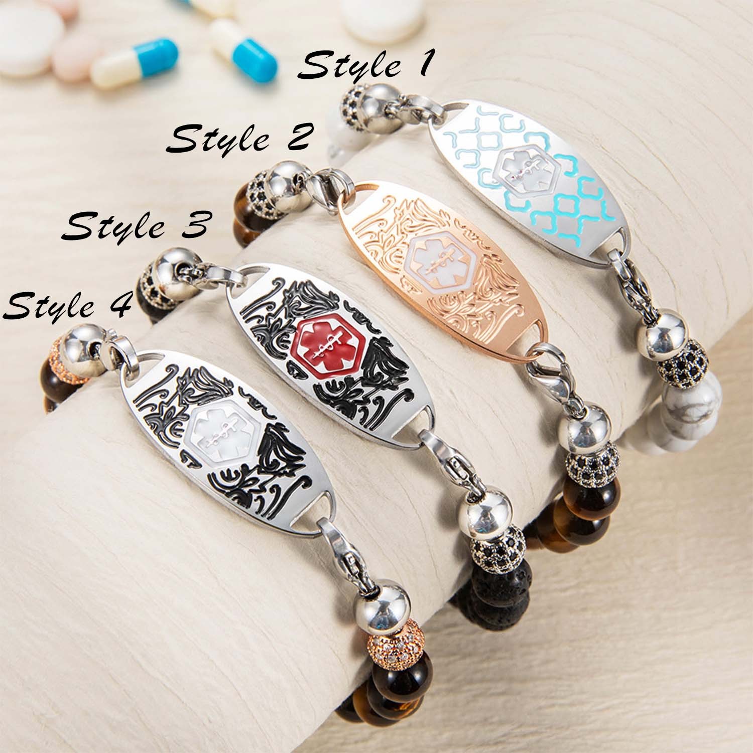 Custom Medical Alert Bracelet, 7 Chakras Beaded Emergency Bracelet, Medical Id Bracelet, Engraved Bracelets for Grandma/Grandpa, Christmas Gift