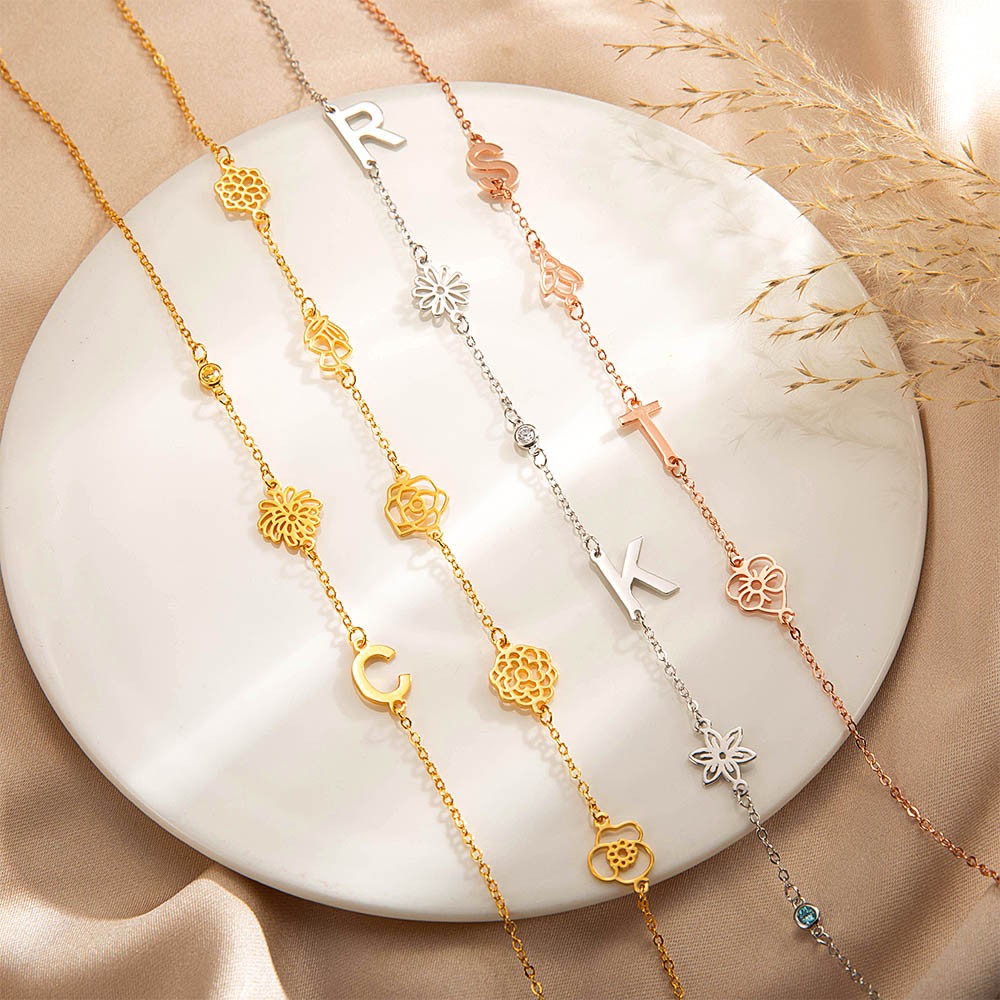 Custom Birthflower & Birthstone Necklace with Initial, Family Bouquet Necklace, Memorial Jewelry, Birthday/Christmas Gifts, Gifts for Mom/Grandmom/Her