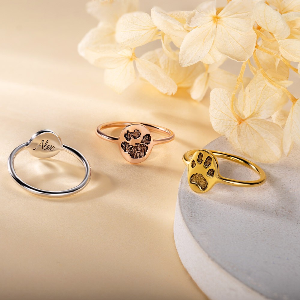 Bague d’impression de patte gravée personnalisée, bijoux pour animaux de compagnie en argent sterling 925, mémorial personnalisé pour animal de compagnie de chien de chat/cadeau de perte d’animal de compagnie pour l’amoureux des animaux de compagnie/famil