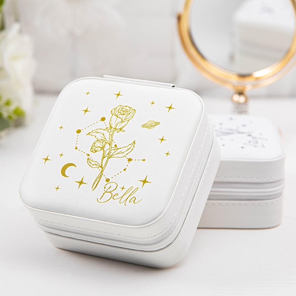 Étui à bijoux de voyage personnalisé avec nom de naissance et fleur, boîte à bijoux personnalisée du zodiaque, accessoires de voyage, cadeaux de Noël/anniversaire pour demoiselle d'honneur/maman/épouse