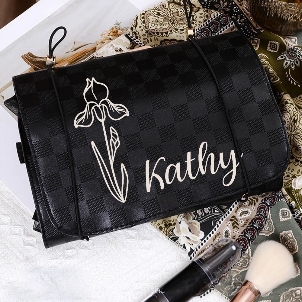 Personalized Name And Birth Flower Cosmetic Travel Bags, Foldable Make Up Organizer, Makeup Bag, Hanging Toiletry Bag for Women, Weekender Bag