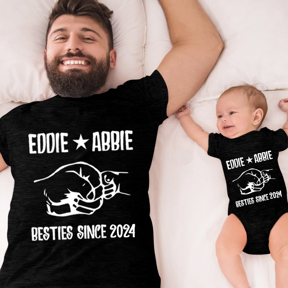 Customized Name Fist to Fist Parent-child Shirt, Dad & Baby Matching Shirt, Cotton Shirt/Baby Bodysuit, Our First Father's Day Shirt for Dad