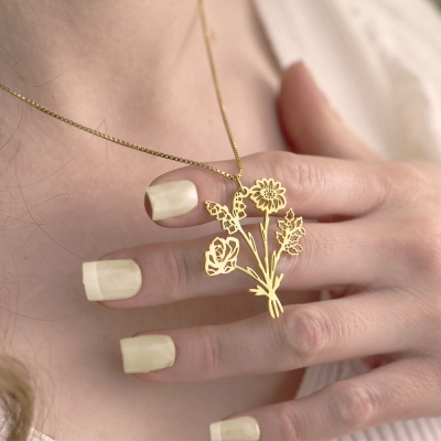 Custom Combined Birth Flower Bouquet Necklace for Mother's Day, Birth Flower Bouquet Necklace for Grandma, Birth Flower Family Necklace for Mom