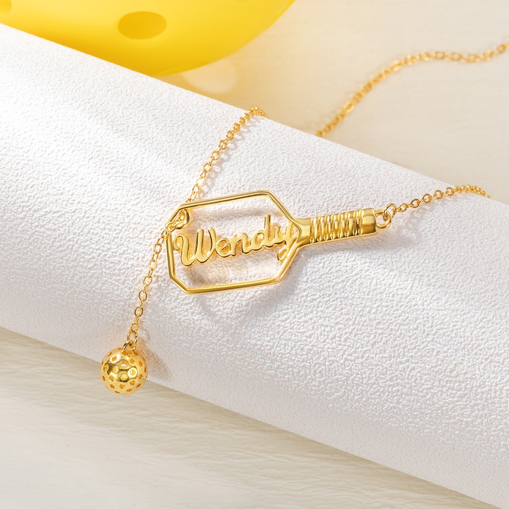 Personalized Name Pickleball Lariat Paddle & Ball Necklace, Sterling Silver 925 Sports Jewelry, Gift for Pickleball Lovers/Family/Friends