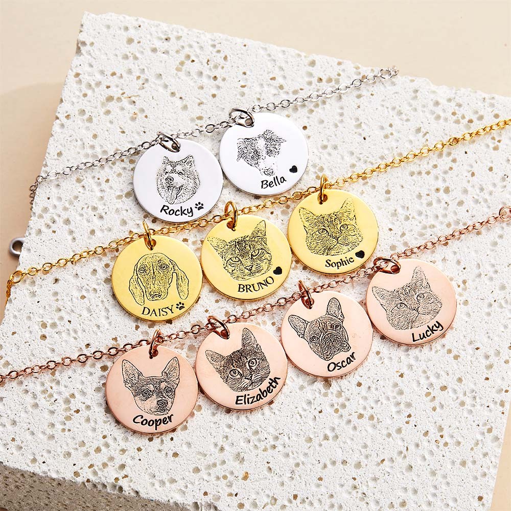 Personalized Name Pet Portrait Engraved Bracelet, Sterling Silver Small Disc Bangle, Pet Memorial Jewelry, Birthday Gift for Pet Lover/Dog Mom/Cat Mom