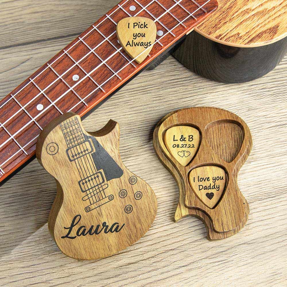 Personalisierte Gitarrenplektren aus Holz mit Aufbewahrungshülle mit Textfoto, Geburtstags-/Abschlussgeschenk für Gitarrenspieler/Musiker