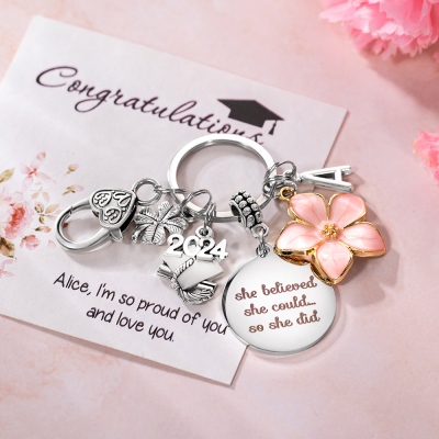 Personalized Pink Flower Four Leaf Clover Graduation Keychain, Custom Initial Keychain with Card, Graduation Gift for Daughter/Sister/Graduate
