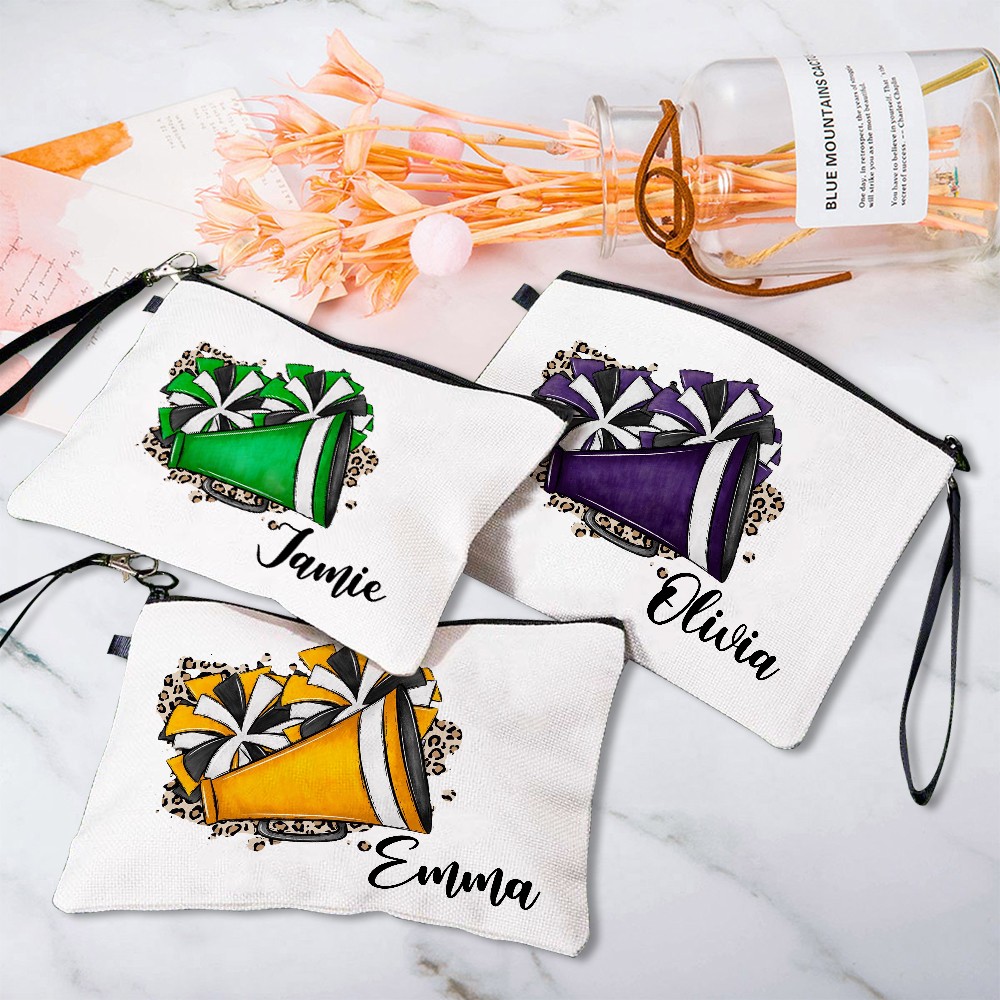 Personalized Name Cheerleading Cosmetic Bag, Linen Travel Makeup Pouch with Wrist Strap, Sports Accessory, Sports Gift for Cheerleading Women/Girls