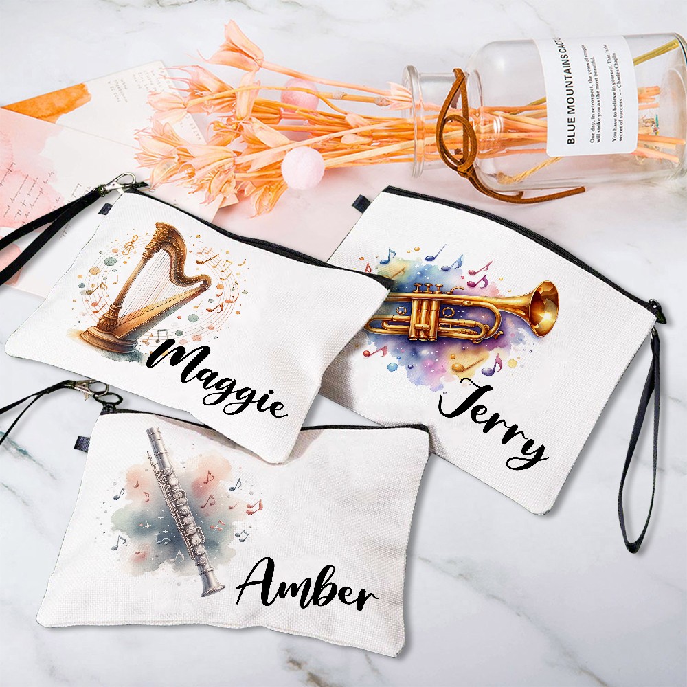 Custom Name Musical Instrument Cosmetic Bag, Linen Makeup Pouch with Wrist Strap, Performer Accessory, Gift for Music Lover/Musician/Pianist/Guitarist