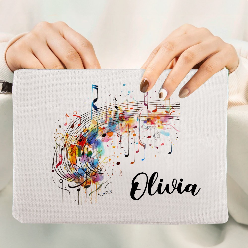 Personalized Name Colorful Music Note Cosmetic Bag, Linen Makeup Pouch with Wrist Strap, Performer Accessory, Gift for Musician/Music Lover/Conductor