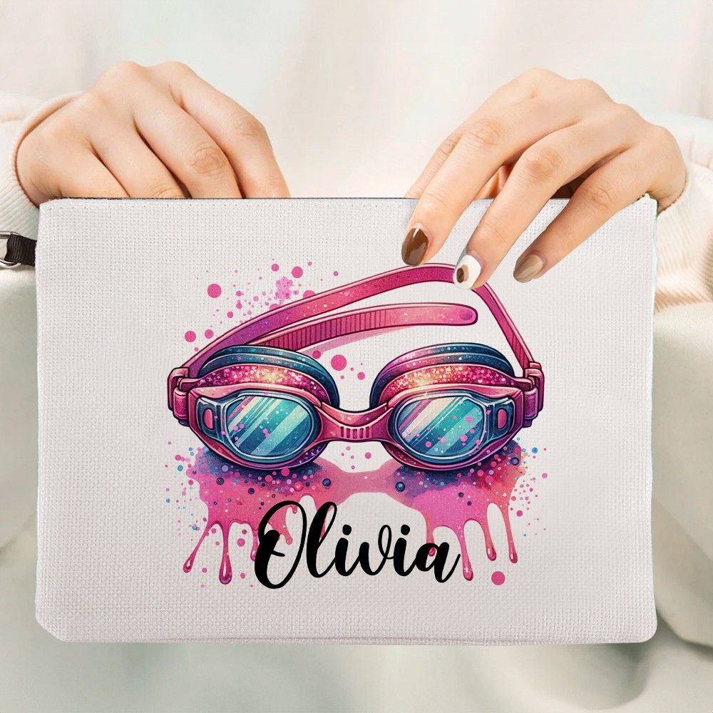 Custom Swimming Makeup Bag, Linen Travel Swimming Goggles Toiletry Pouch with Wrist Strap, Swimming Accessory, Sports Gift for Teammate/Coach/Swimmer