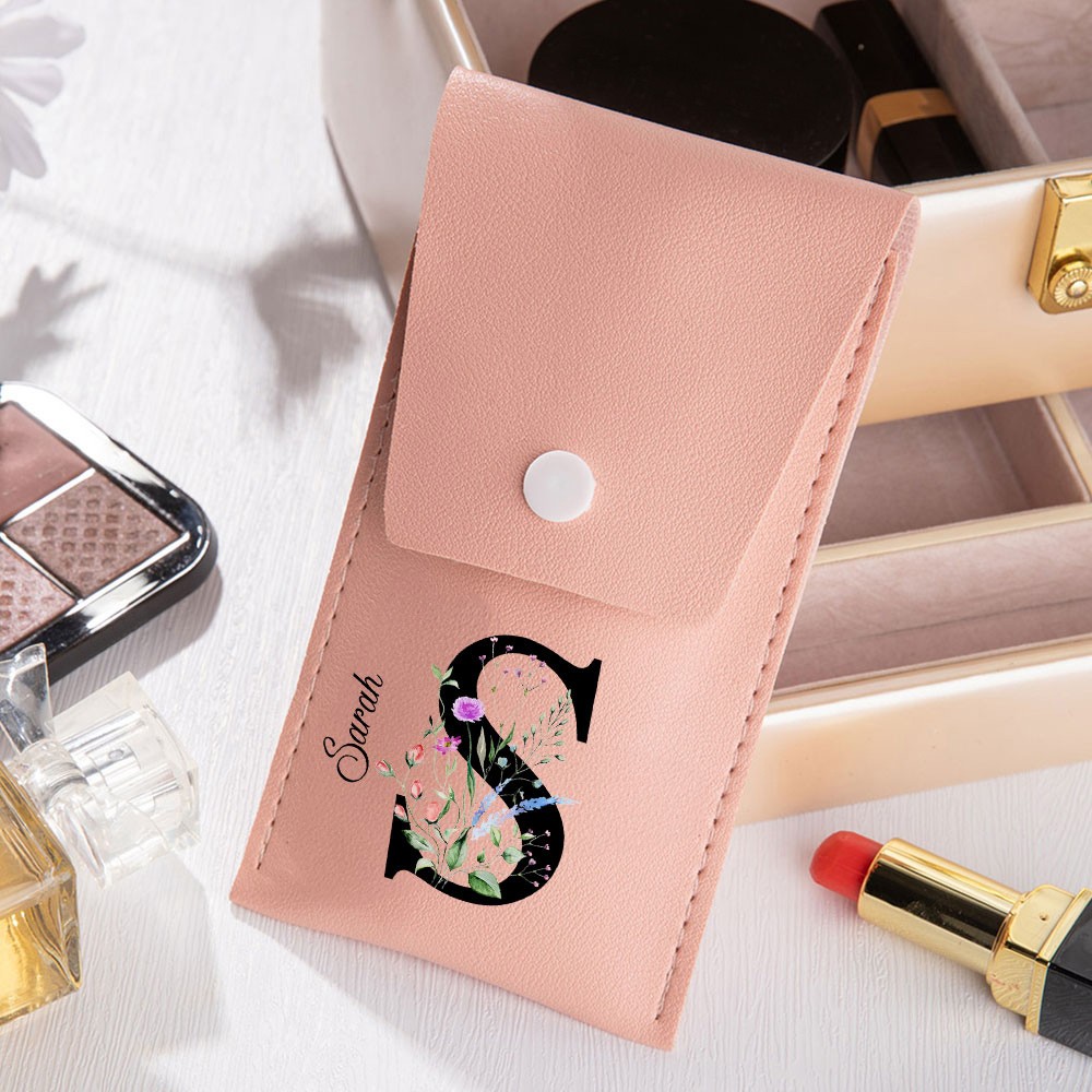 Personalized Leather Makeup Brush Bag with 8 Pcs Brushes, Custom Initial & Name Floral Cosmetic Bag, Birthday/Wedding Gift for Mom/Sister/Friend