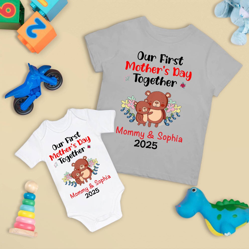 Custom Cute Bear Bunny Giraffe 100% Cotton T-Shirt and Baby Onesie, Our First Mother's Day Mom & Baby Set, First Mother's Day Gift for Newborn New Mom