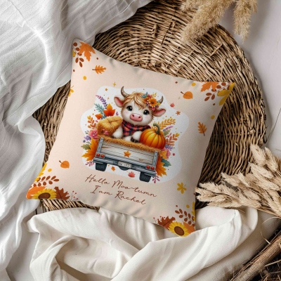 Personalised Name Autumn Highland Cow Pumpkins Soft Throw Pillow, Thanksgiving Pillow with Name, Thanksgiving Gift for Kid Woman, Home Decor