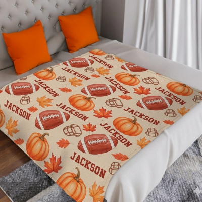 Personalized Autumn Football Blanket, Custom Name Pumpkin Maple Leaf Blanket, Thanksgiving Birthday Gift for Football Lover