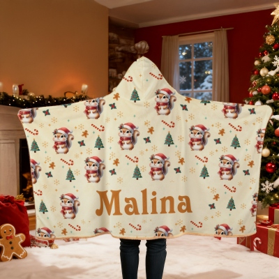Personalisierte Weihnachts-Cartoon-Tiere, weiche Kapuzendecke mit Namen, mehrfarbige Weihnachts-Kapuzendecke, Weihnachtsgeschenk für Kinder