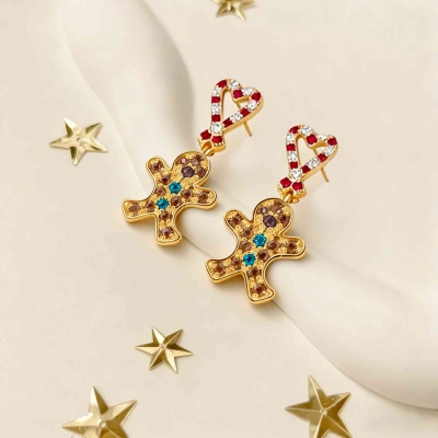 Personalized Birthstone Gingerbread Man Earrings, Gold Plated Christmas Heart Stud Dangle Jewelry, Cute Holiday Gift for Her