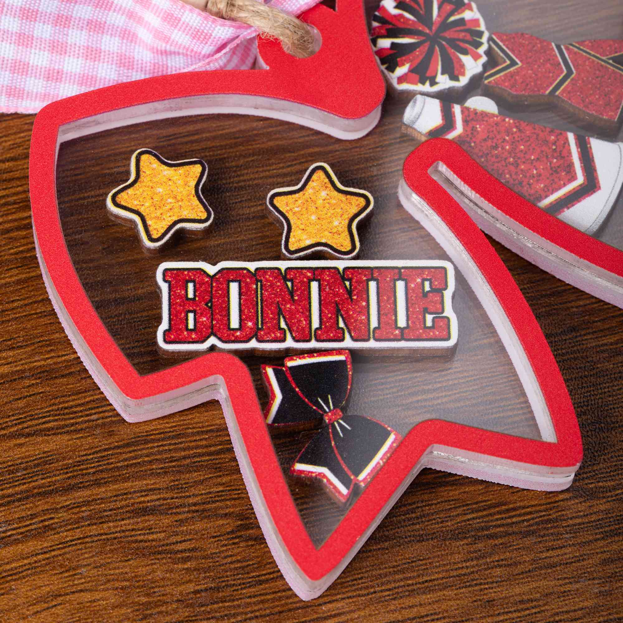 Personalized 3D Cheerleading Bow Tie Pom Pom Christmas Shaker