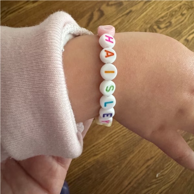 Personalized Rainbow Hearts Letter Bead Bracelet, Custom Name Colorful Girls Bracelet, Stretchy Bead Heart Bracelet, Birthday Gift for Kids/Toddlers