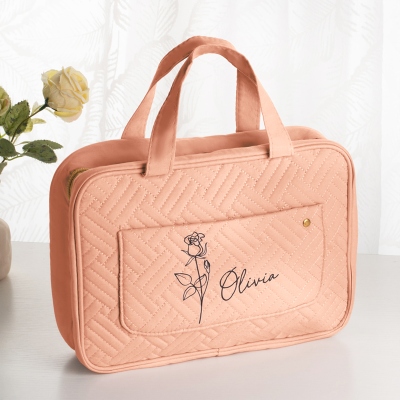 Personalized Names and Birth Flower Cosmetic Travel Bag, Foldable Make Up Organizer, Makeup Bag, Hanging Toiletry Bag for Women, Weekender Bag