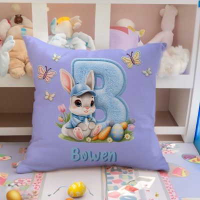 Personalisierter Kissenbezug mit Blumen-Hasen-Alphabet und Namen, Kissenhülle mit optionaler Füllung, Kinderzimmerdekoration, Geburtstags-/Ostergeschenk für Kinder/Jungen/Mädchen