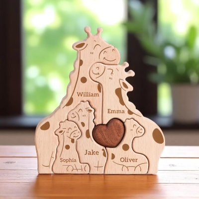 Puzzle personnalisé Famille Girafe avec 2 à 5 noms, Décoration en bois pour chambre d'enfant, Souvenir de famille, Cadeau Fête des Mères/Anniversaire pour maman/grand-mère/famille