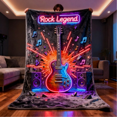 Gepersonaliseerde deken met neon gitaarrockmuziekthema en naam, flanellen/sherpa plaid voor bed of bank, woondecoratie, verjaardagscadeau voor kinderen/muziekliefhebbers