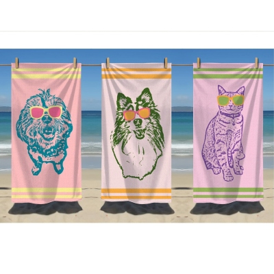 Anpassat strandhandduk med husdjursfoto och solglasögon, färgglad popkonst-snabbtorkande mikrofiberhandduk, semester-/strandfestgåva, present till hund-/kattälskare