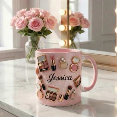 Personalized Makeup-Themed Mug with Name, 11/15oz Two Tone Ceramic 3D Cosmetic Coffee Mug with Handle, Birthday Gift for Her/Besties/Makeup Artists