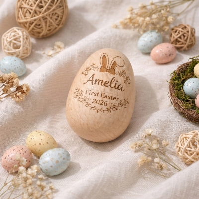 Personalized Engraved First Bunny Easter Egg with Name, Wooden Easter Basket Stuffer, Egg Hunt Favor, Newborn Keepsake, Easter Gift for Kids/Babies