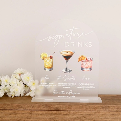 Personlig bågformad akrylskylt med signaturdrink för bröllopsbar, anpassad cocktailmeny med illustrationer, elegant mottagningsskylt i bar för par