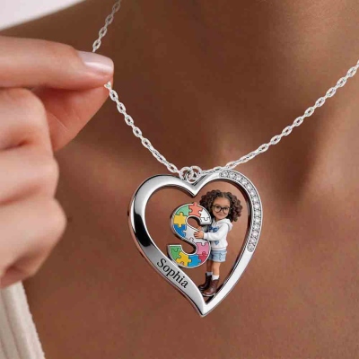 Personalized Photo Autism Awareness Heart Alphabet Necklace, Cartoon Puzzle Portrait Pendant, Anniversary/Birthday Gift for Autism Family/Kids/Parents