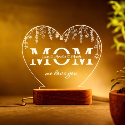 Personalized Family Names Heart Shaped LED Night Light, Acrylic Night Lamp with Wooden Base, Birthday/Mother's Day Gift for Mom/Grandma/Family