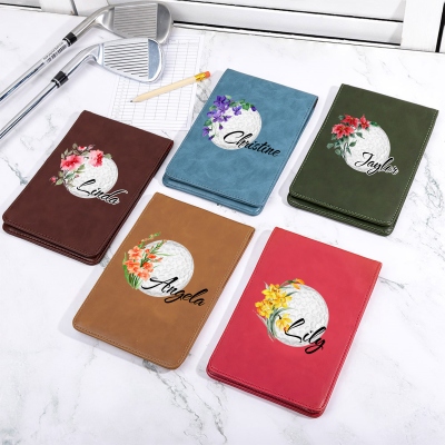 Personalized Birth Flower Golf Scorecard Holder, Custom Name Leather Golf Yardage Book Cover, Golf Accessories, Gift for Mom/Women/Golf Lover