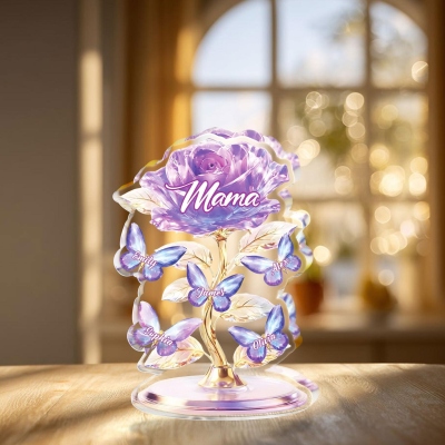 Personalisierte Rose- und Schmetterlingsplakette für Mama mit 1-5 Namen, romantisches Acryl-Familien-Erinnerungsstück, Schreibtischdekoration, Geburtstags-/Muttertagsgeschenk für Mama/Oma