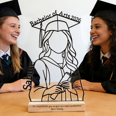 Sculpture de fin d'études personnalisée avec nom, motif linéaire, socle en bois gravé, souvenir minimaliste imprimé en 3D, décoration de bureau, cadeau pour les diplômés