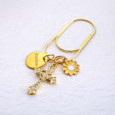 Personalisierte Mini-Büroklammer mit Namensgravur, Kreuz- und Gänseblümchenanhänger, elegantes Lesezeichen aus Metall, christliches Planeraccessoire, Geschenk für Sie/Buchliebhaberinnen