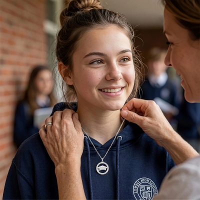 Individuell gravierte Halskette mit Absolventenhut-Motiv und Geburtsstein, minimalistischer Anhänger zur Erinnerung an den Schulnamen, Andenken an High School und College, Geschenk für Absolventen