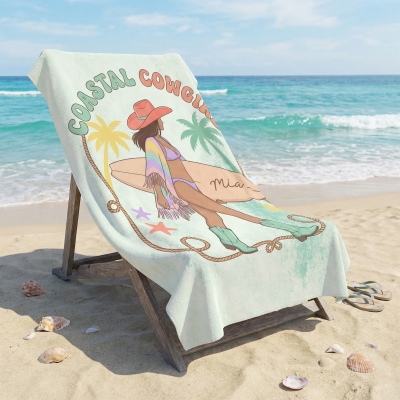 Personalized Name Boho Flirty Cowgirl Beach Towel, Quick Dry Microfiber Sand Towel, Summer Vacation/Beach Party Favor, Birthday Gift for Besties/Girls