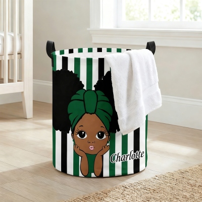Custom Cute Black Girl Laundry Storage Basket with Name, Large Capacity Collapsible Clothes Hamper with Handles for Bathroom/Nursery, Gift for Girls