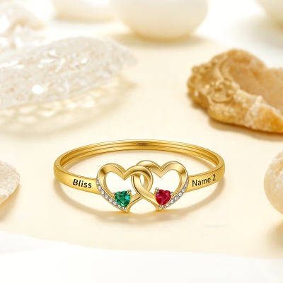 Personligt graverade namn med sammanlänkade dubbla hjärtan och födelsestenar, elegant matchande armband i sterlingsilver 925, present till pojkvän/bästis/par