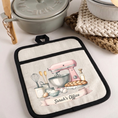 Gepersonaliseerde cadeauset met kookthema en naam, inclusief theedoek, pannenlap en ovenwant, bakbenodigdheden, verjaardagscadeau voor bakliefhebbers/broodbakkers