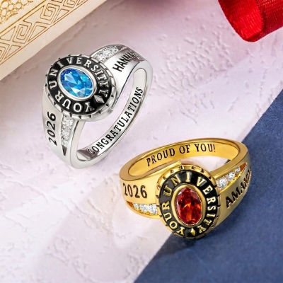 Custom Woman Birthstone School Class Ring with Engraved Text, High School University Graduation Ring, Graduation Gift for Class of 2026 Graduates