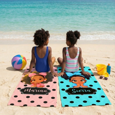 Custom Name Cartoon Black Girl Polka Dots Beach Towel with Rope, Quick Dry 2-in-1 Foldable Bath Towel Bag, Gift for African American Little Girls