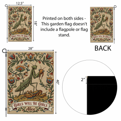 Personlig rolig bönsyrsa trädgårdsflagga med namn, Girls Will Be Girls vintagekonst utomhus trädgårdsdekor, inflyttnings-/födelsedagspresent till henne