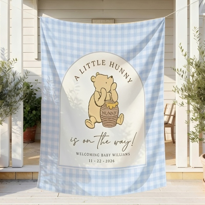 Personlig klassisk björntemafestskylt med namn och datum, söt vägghängande banderoll, könsavslöjande festdekor, babyshower/födelsedagspresent för barn