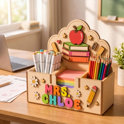 Stylos et porte-notes adhésifs personnalisés avec nom pour enseignants, organiseur de bureau en bois, décoration de salle de classe, cadeau de remerciement/d'anniversaire pour enseignants/éducateurs