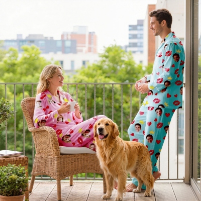 Anpassade familjeporträtt pyjamasset med namn, hund-/kattansiktsfoton, kort lång pyjamasset, årsdags-/födelsedagspresent till familj/djurälskare/ägare