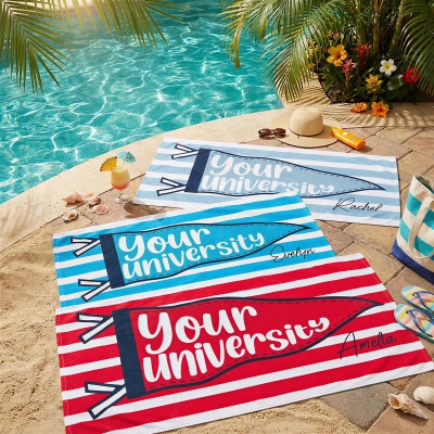 Personalized College Pennant Beach Towel with Name, Quick Dry Microfiber Bath Towel, Graduation Party Favor, Graduation Gift for Family/Friends